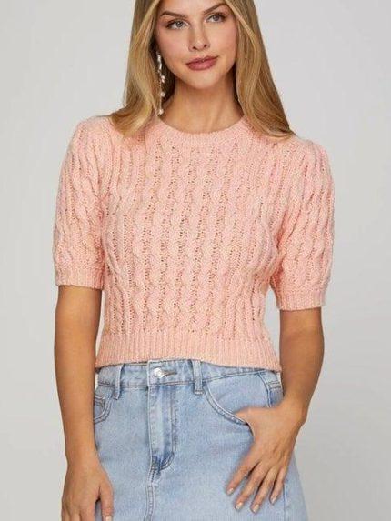 Short Sleeve Cable Knit Sweater