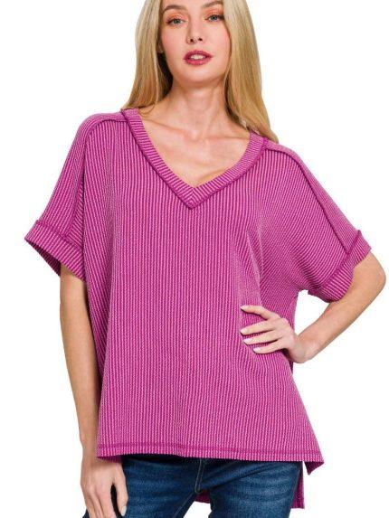 Corded Rib Short Sleeve HI-LOW V-Neck Top