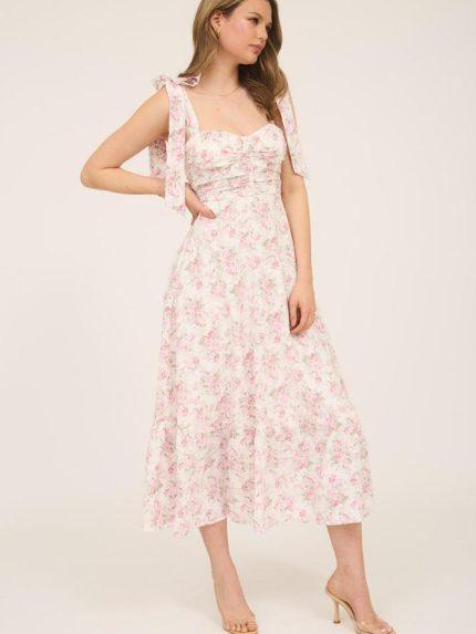 Floral Tie Strap Ruched Detailed Maxi Dress