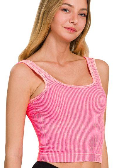 Stone Washed Ribbed Seamless With Bra pad Tank - Coral