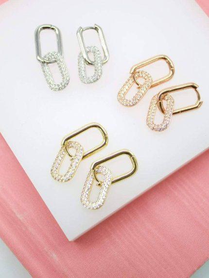 18K Gold Filled Huggies Link Dangle Drop Earrings With CZ Cubic Zirconia Stones
