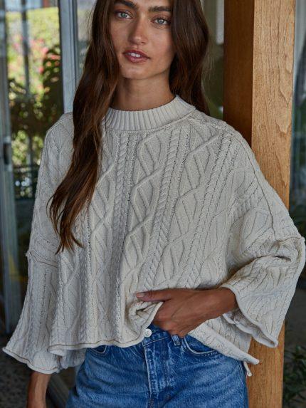 Knit Cable Sweater Cotton 3/4 Sleeve Pullover