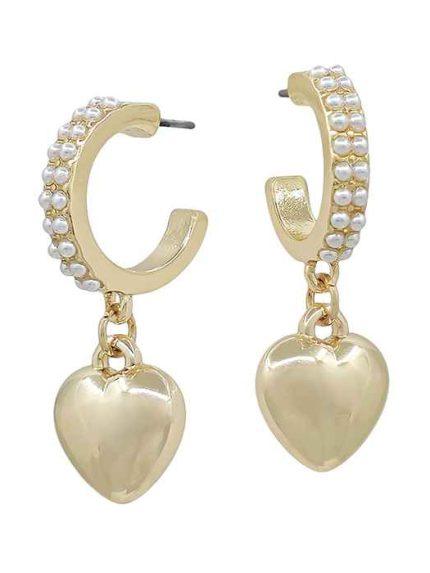 Gold Small Pearl Hoop with Puffy Heart 1" Drop Earring