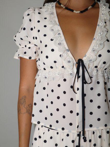 Polka Dot Lace Trim Tie Blouse