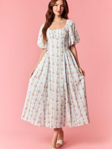 Striped Floral Printed Cotton Bubble Sleeve Mini Dress