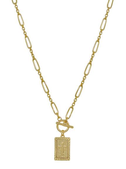 Gold Chain with Textured Square Cross Charm 16"-18" Necklace
