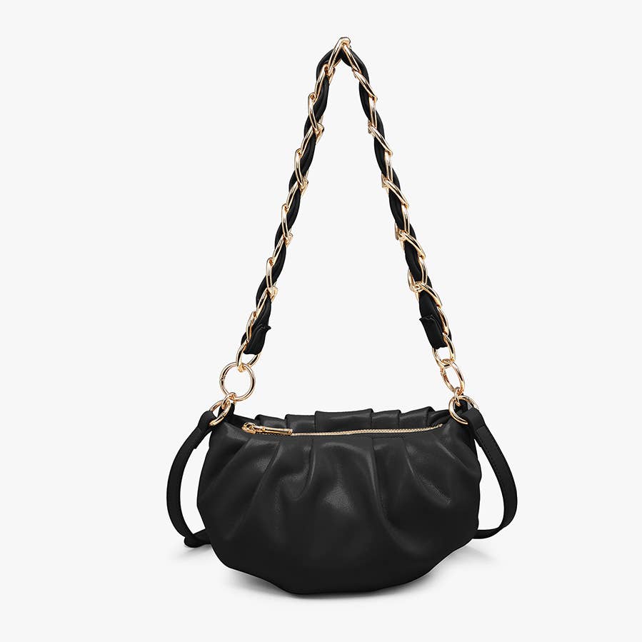 Pleated Shoulder Bag w/ Chain Accent Strap - Black